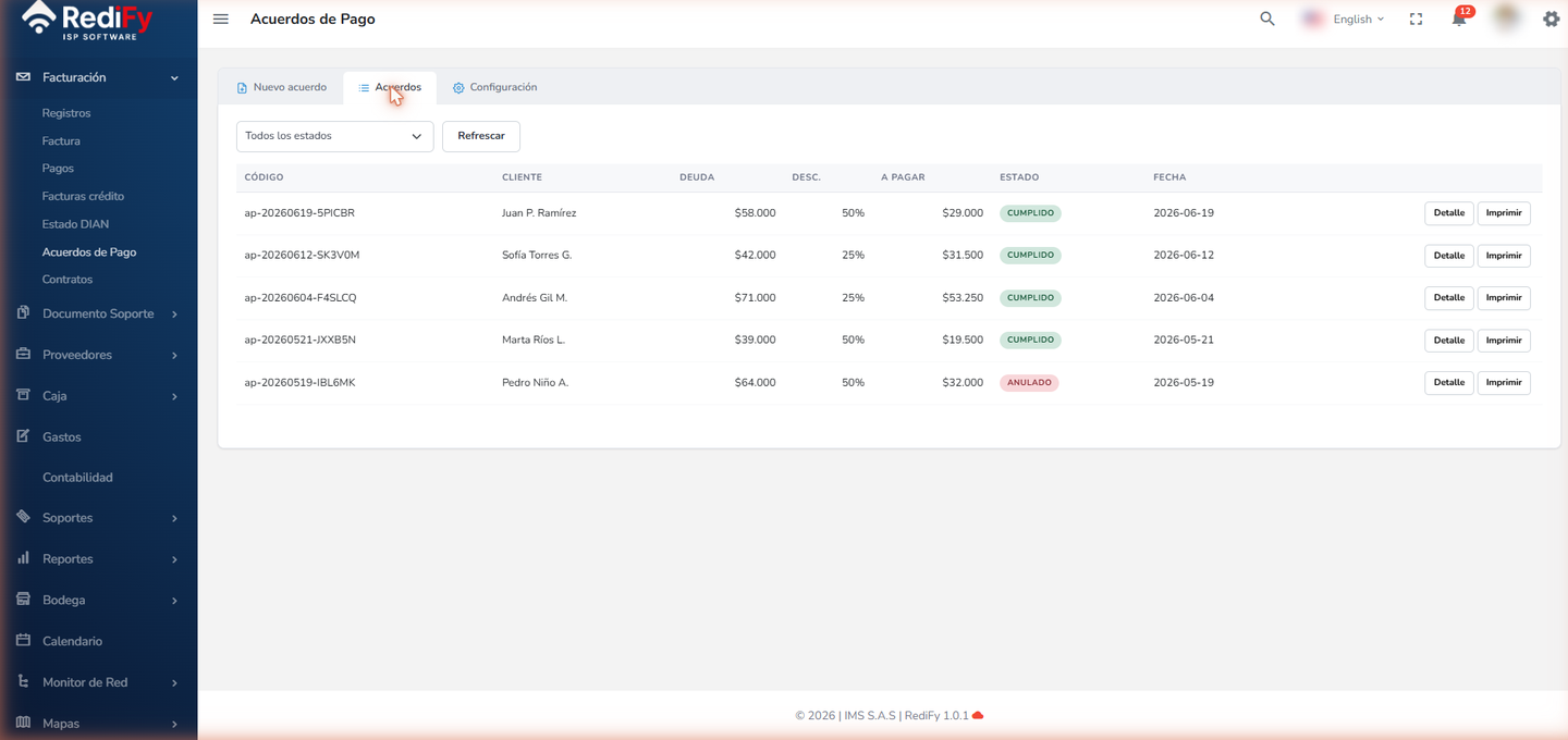 Acuerdos de pago en RediFy — deuda, descuento, valor a pagar y estado del acuerdo
